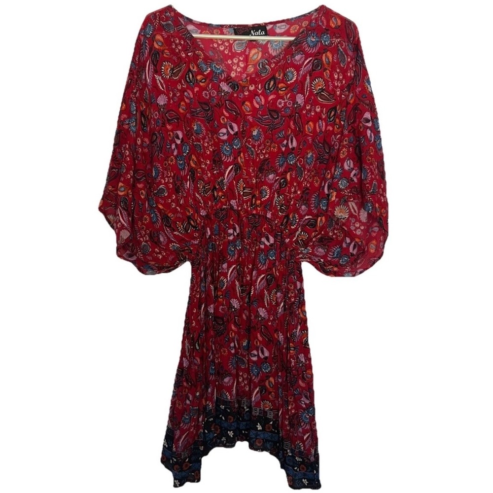 Nala Short Dress L Red Paisley Ruffle Kimono Bell Sleeves Boho Fairy